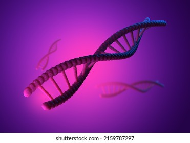 DNA Molecule On Purple. DNA Molecule As Symbol Of Genetic Engineering. RNA Research Concept. Study Of Human DNA And RNA. Genetic Circuit Background. Visualization Genetic. 3d Rendering.