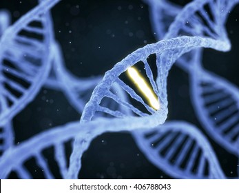 DNA molecule spiral structure with unique connection on abstract dark background. Genetics, GMO and biotechnology concept. 3D illustration