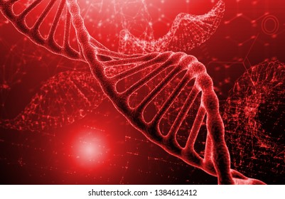 DNA molecule structure on red texture background. Biochemistry concept. 3D render