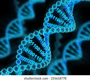 DNA Molecules With Binary Code, 3d Render, Dark Background