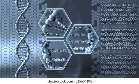 DNA Molecules Blue Background. Genetic Research, Medical Laboratory Or Molecular Diagnostics Concepts. 3D Rendering