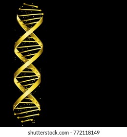 DNA-Sequenz, goldene DNA-Code-Struktur mit Glanz. Wissenschaftskonzept, Hintergrund. Nanotechnologie. Vektorgrafik, schwarzer Hintergrund mit Platz für Text