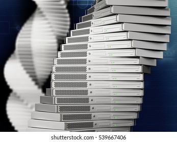 DNA Shaped Data Server Units On Dark Background. 3D Illustration.