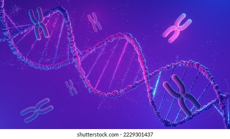 DNA spiral structure. DNA Helix complementary strand of  Sequences genetic code or genome. Gene expression. nucleotide database. The Central Dogma process of transcription and translation. 3D Render.