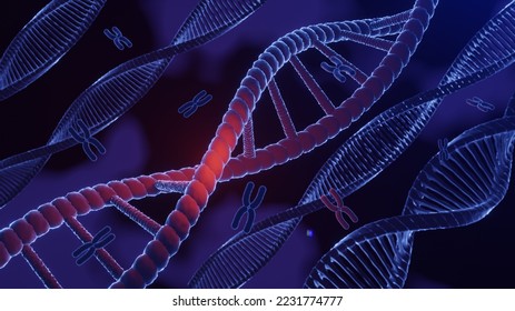 DNA spiral structure. DNA Helix complementary strand of  Sequences genetic code or genome. Gene expression. nucleotide database. The Central Dogma process of transcription and translation. 3D Render.