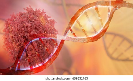DNA strand and Cancer Cell Oncology Research Concept 3D rendering 