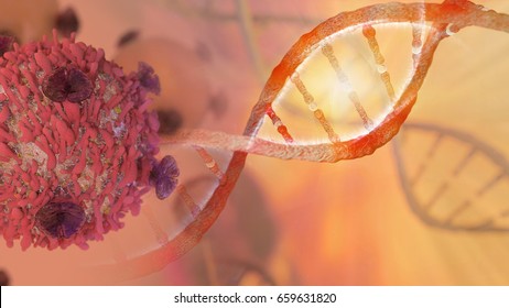DNA strand and Cancer Cell Oncology Research Concept  3D rendering 