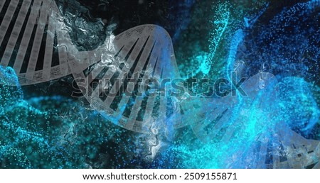 DNA strand and molecular structure image over blue and turquoise background. Biotechnology, genetics, molecule, science, research, biology