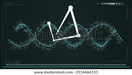 DNA strand and molecular structure image over digital grid background. Genetics, biotechnology, science, data, technology, health