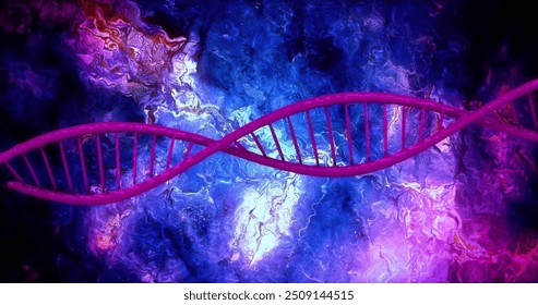 DNA strand and neural network image over abstract colorful background. Science, technology, biotechnology, genetics, artificial intelligence, data - Powered by Shutterstock