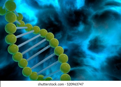 DNA strand spiral over nebula background. CRISPR prokaryotic DNA containing short repetitions of base sequences 3D render