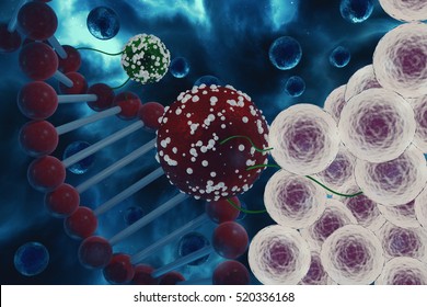 DNA strand and stem cells. DNA viral attack. Virus attacking stem cells 3D render