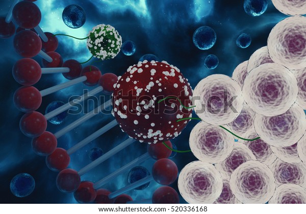 DNA strand and stem cells. DNA viral attack.\
Virus attacking stem cells 3D\
render