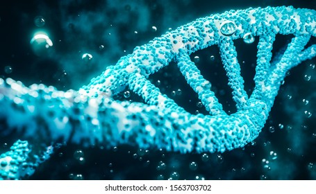 DNA Strands Double Helix Closeup In Liquid With Bubbles And Particles. Medical, Biology, Microbiology, Genetics 3D Render Illustration With Shallow Depth Of Field Effect.