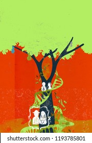 A DNA String Growing Surronding A Tree With Sketches Of Portraits Of A Family. A DNA String And A Tree Depicting Life And What Is Inherited, In High Contrast Colors.
