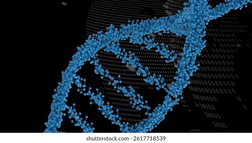 Dna structure spinning over binary coding data processing against black background. medical research and science technology concept