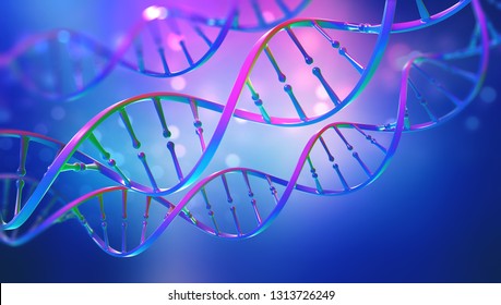DNA. Study of gene structure of cell. Bright neon light. DNA molecule structure. 3D double helix illustration. Genetic engineering of the future