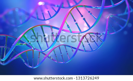 DNA. Study of gene structure of cell. Bright neon light. DNA molecule structure. 3D double helix illustration. Genetic engineering of the future