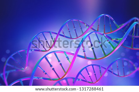DNA. Study of gene structure of cell. Bright neon light. DNA molecule structure. 3D double helix illustration. Genetic engineering of the future