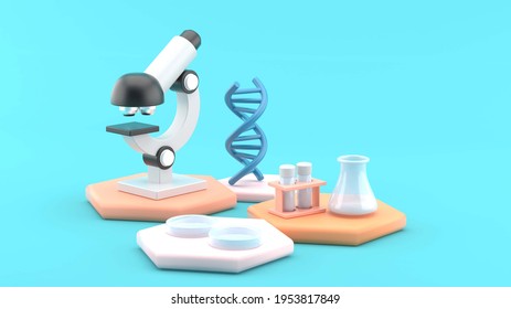 DNA surrounds microscopy   laboratory equipment blue background   3d rendering 