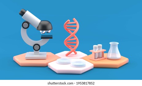 DNA Surrounds Microscopy And Laboratory Equipment On A Blue Background.-3d Rendering.
