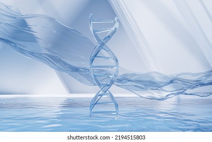 DNA With Water Surface Background, 3d Rendering. Computer Digital Drawing.