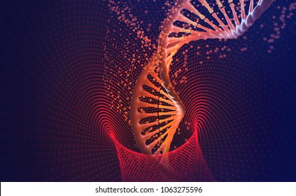 DNA-helix. Nanotechnology in medical research. Hi Tech in the field of genetic engineering. 3D illustration on a futuristic background