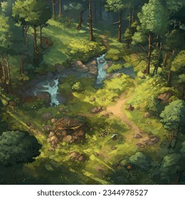 Dnd map Enchanted woodscape. View from sky. W. A