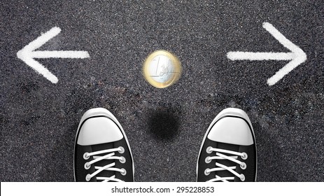 Do I have to go left or right? Making a decision or coin flipping? Conceptual illustration with two arrows indicating two opposite directions, a choice to do.
