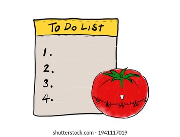 To Do List On Paper And Tomato Clock Hand Drawn Pomodoro Technique Time Management Method Concept.