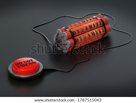 Do Not Press danger warning button 3D rendering of Dynamite and red button. Explosive, TNT detonator bomb with sticks and fuse wire.