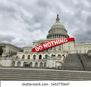 Do nothing congress United States politics and US political gridlock or government stalemate between republicans and democrats in Washington DC capital legislature in a 3D illustration style.