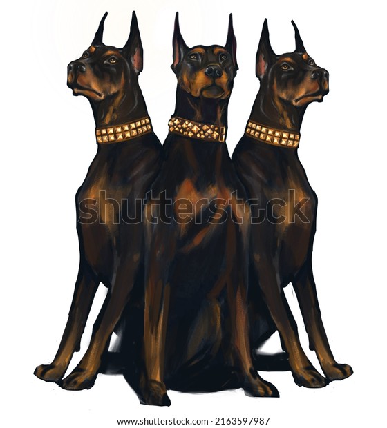 Dobermans in full growth in collars with spikes illustration