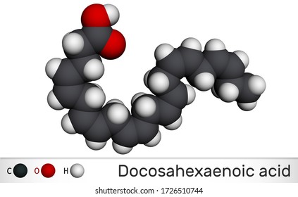 Docosahexaenoic Acid, DHA, Doconexent, Cervonic Acid Molecule. It Is Omega-3 Fatty Acid. Molecular Model. 3D Rendering

