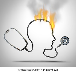 Doctor Burnout And Medical Stress Or Physician Worry As A Stethoscope Shaped As A Head In A Meltdown Representing Hospital Worker Psychology Problem As A 3D Render.









