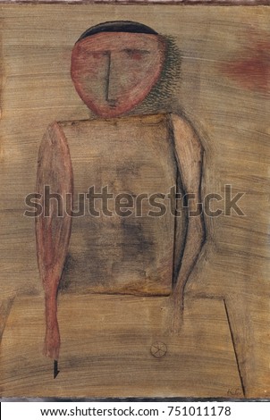 DOCTOR, by Paul Klee, 1930, Swiss drawing, watercolor, gouache, and oil wash on paper. Expressionistically distorted figure with minimal facial features. Near his hands are geometric symbols
