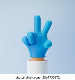 Doctor Cartoon Hand In Medical Glove Showing Two Fingers Or Victory Gesture Isolated Over Blue Background. 3d Rendering.