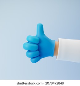 Doctor Cartoon Hand In Medical Glove Showing Thumb Up Or Like Gesture Isolated Over Blue Background. 3d Rendering.