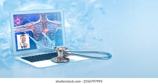 Doctor consultation using advanced medical technology. A patient interacts with a doctor. Medical technology online, telemedicine, artificial intelligence, health tech, e-health, remote healthcare, 3D - Powered by Shutterstock