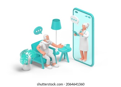 Doctor Consulting Patient Online By Smartphone. Physician Remotely Meeting And Diagnosing Man Sitting In Armchair At Home Using Mobile Application. Medical Internet Consultation Concept 3D Rendering.