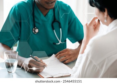 Doctor diagnose patient healthcare remix. Medical healthcare professional doctor, doctor in hospital with patient, healthcare hospital center technology concept. - Powered by Shutterstock