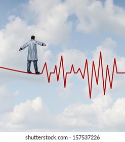 Doctor diagnosis danger and risk as a medical concept and health care metaphor with a physician in a lab coat walking on a tightrope or high wire shaped as an ECG pulse trace to monitor patients.
