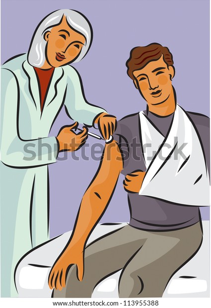 Doctor Giving Needle Shot Man Broken Stock Illustration 113955388