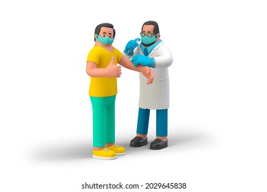 Doctor giving Vaccine Injection to male patient Happy Man gesturing thumb up during Vaccination Covid-19 Coronavirus Immunization concept isolated on White Background. - Powered by Shutterstock