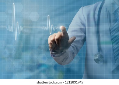 Doctor Hand And Index Finger Touching On Screen Of ECG Wave, Health Care And Safe Life Concept, Illustration Of ECG Wave With Doctor And Hospital Concept