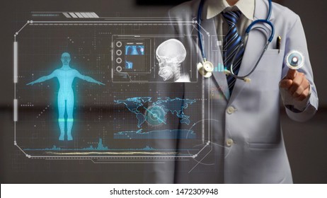 doctor holding hand on start button if futuristic screen, futuristic medical technology, human anatomy scan and x-ray image 