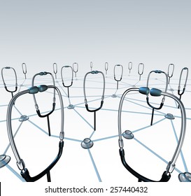 Doctor Network And Medical Records Exchange Concept As A Group Of Connected Physician Stethoscopes Sharing Data Through A Virtual Health Care Networking System.