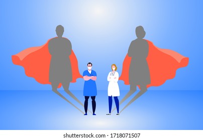 Doctor And Nurse Wearing Medical Masks With Superhero Shadow On The Wall. Hospital Staff, Nurses Heroes Fight Corona Virus Pandemic, Epidemic. Strong, Courage, Brave Life Saving Medical .