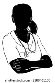 A Doctor Or Nurse Woman In Silhouette With Arms Folded In A Confident Pose.