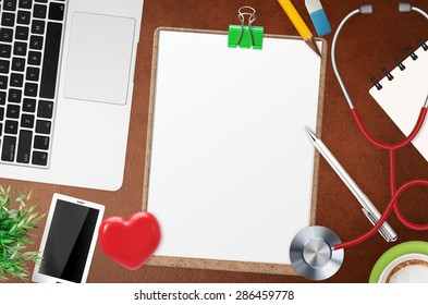 Doctor Office Desk With Blank Clipboard